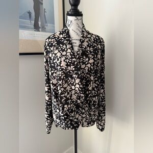 Pleione Black and Cream Floral Faux Wrap Blouse